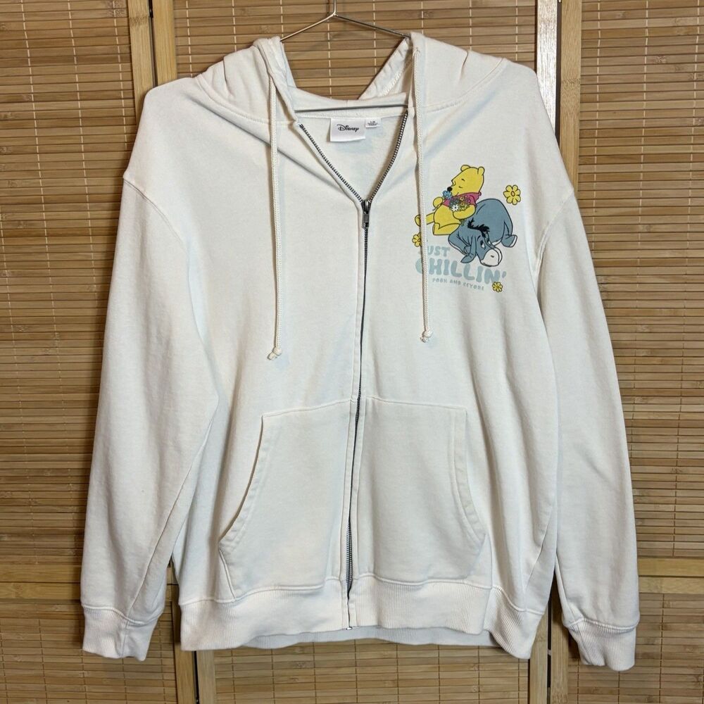Disney Winnie the Pooh & Eeyore Cream Full Zip Hoodie Pockets Unisex  L Flaws